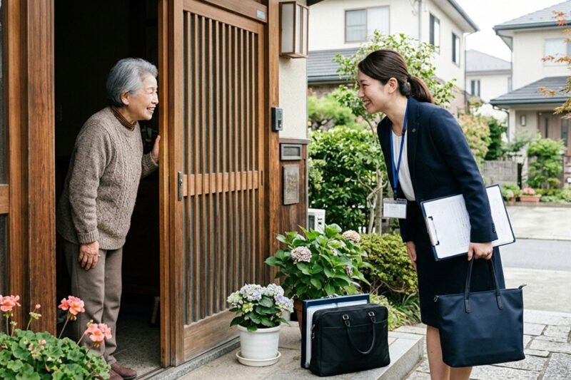 出張査定でご老人宅へ訪問している様子