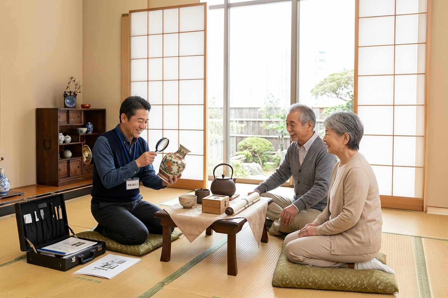 室内で骨董品を査定する業者と依頼者