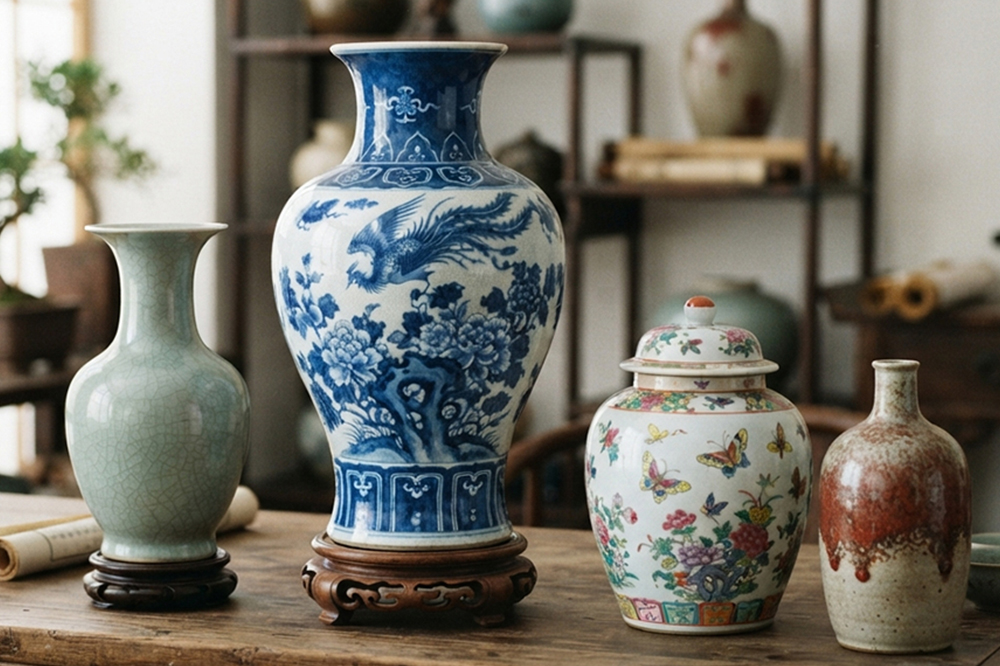 中国骨董品のかびんが4つ並んでいる様子