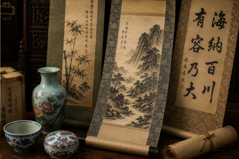 中国骨董品の茶器と掛け軸