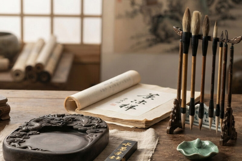 印材・硯・書道用品を机に置いている様子
