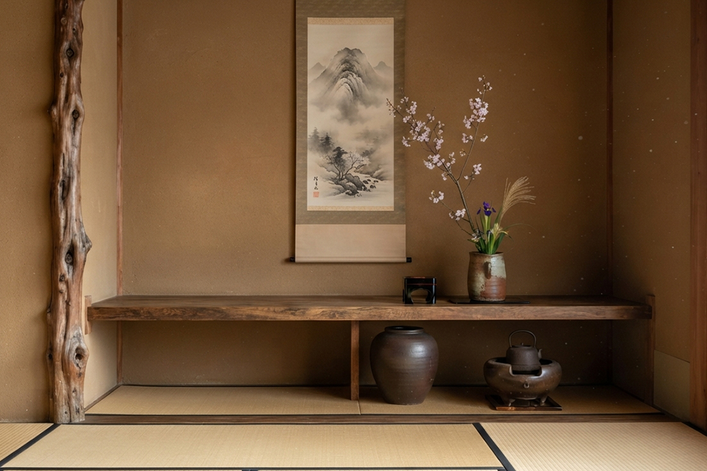 床の間に花瓶や掛け軸を飾っている画像